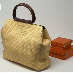 Authentic CHANEL Vintage Raffia Tote Woven Straw Shoulder Bag Wooden Ring Beige